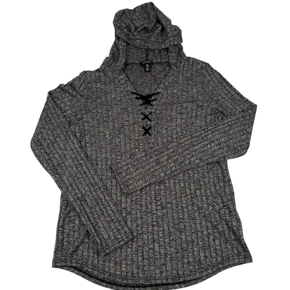 Jones New York Shirt Womens Medium Gray Hooded Lace Up Ribbed Thumb Holes